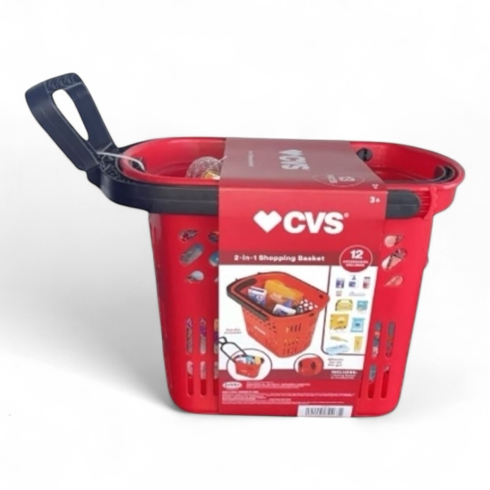 CVS TOY SHOPPING CART BASKET WITH WHEELS TOY FOOD! 12 ACCESSORIES